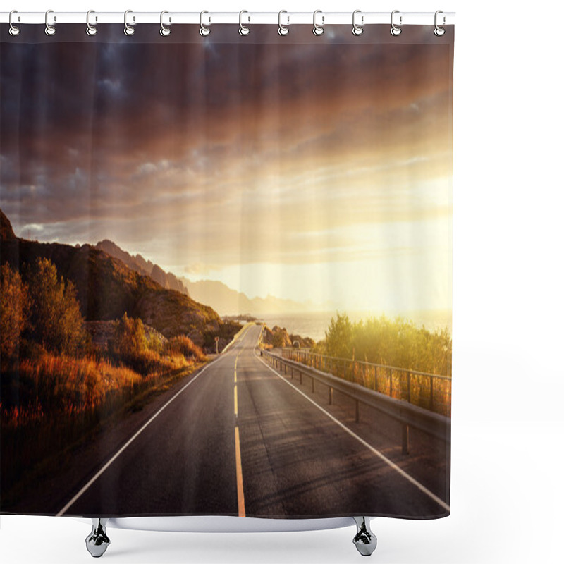 Personality  road by the sea in sunrise time,  Lofoten island, Norway shower curtains