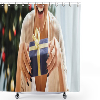 Personality  Cropped View Of Happy African American Woman Holding Her Christmas Gift And Smiling Sincerely Shower Curtains