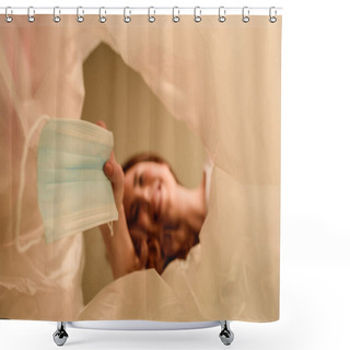 Personality  Bottom View Of Happy Girl Throwing Medical Mask In Trash Can, End Of Quarantine Concept  Shower Curtains