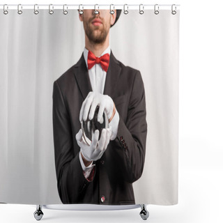 Personality  Cropped View Of Professional Magician Holding Magic Ball, Isolated On Grey Shower Curtains