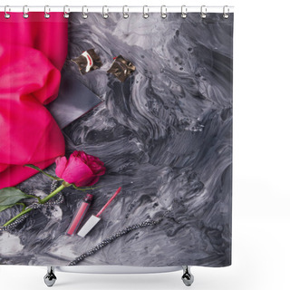 Personality  Glamorous Makeup Tools And Fresh Rose Set On Monochrome Fluid Art Background. Shower Curtains