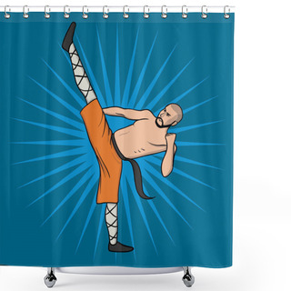 Personality  Shaolin Monk Practicing Kung Fu. Martial Art. Vector Illustration, Isolated On Blue. Shower Curtains