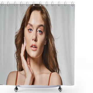 Personality  Beauty Shot Of Pretty Woman With Natural Makeup, Looking At Camera Touching Her Face Shower Curtains