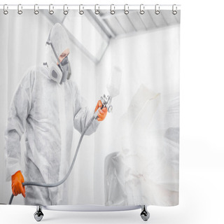 Personality  Worker Spraying White Paint With Spray Gun On Car. Shower Curtains