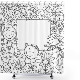 Personality  Cartoon Frame With Happy Kids And A Blank Space, Coloring Page Shower Curtains