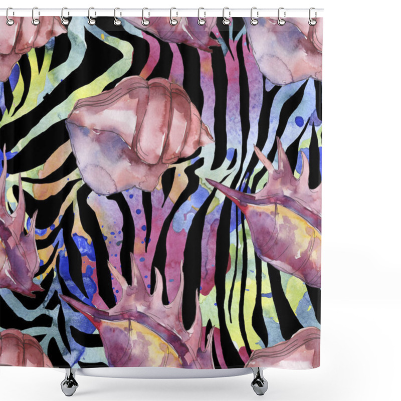 Personality  Purple Marine Tropical Seashells On Zebra Print Background. Watercolor Background Illustration Set. Seamless Background Pattern. Shower Curtains