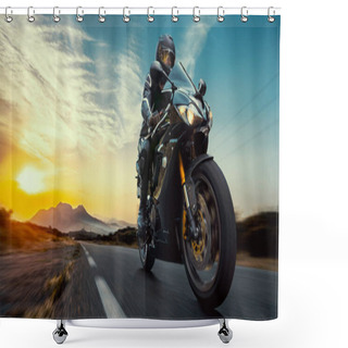 Personality  Motorbike On The Road Riding. Having Fun Riding The Empty Highwa Shower Curtains