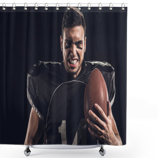 Personality  Close-up Portrait Of Angry American Football Player With Ball Looking At Camera Isolated On Black Shower Curtains