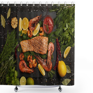 Personality  Top View Of Grilled Salmon Steak, Shrimps, Pieces Of Lemon, Sauce And Spices On Black Surface Shower Curtains