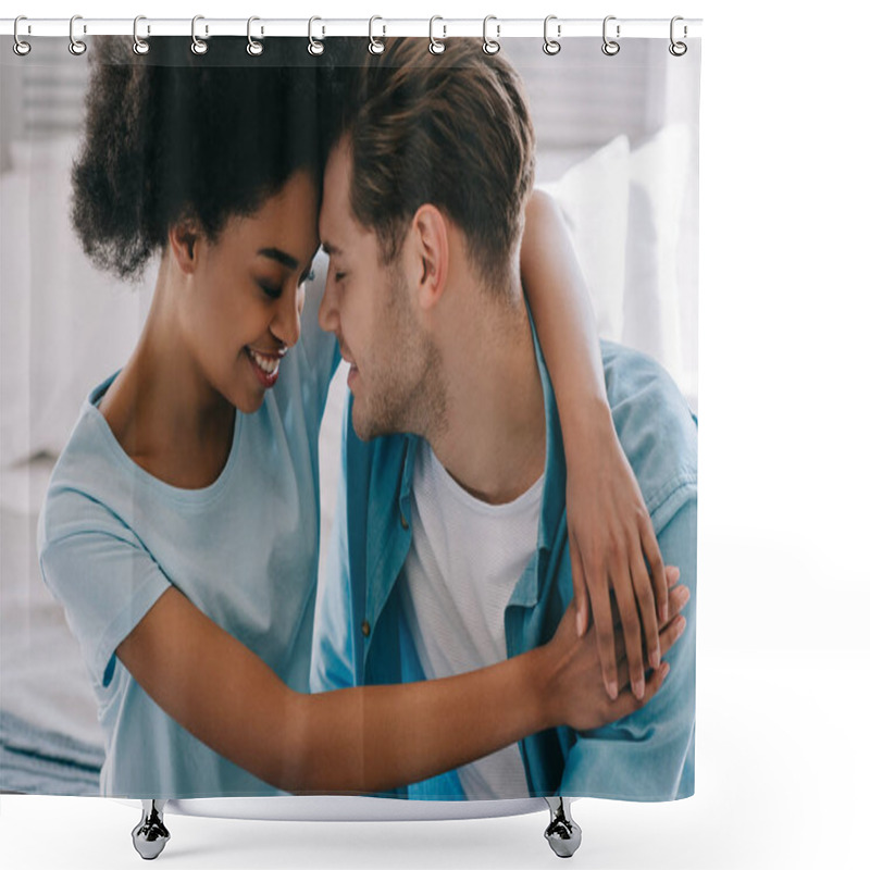 Personality  Young woman embracing boyfriend while sitting on bed shower curtains