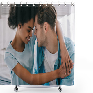 Personality  Young Woman Embracing Boyfriend While Sitting On Bed Shower Curtains