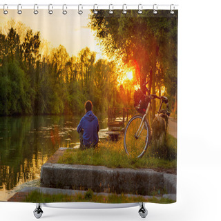 Personality  Embankment In Treviso, Italy, The Guy Alone Relax And Enjoy The Sunset Shower Curtains