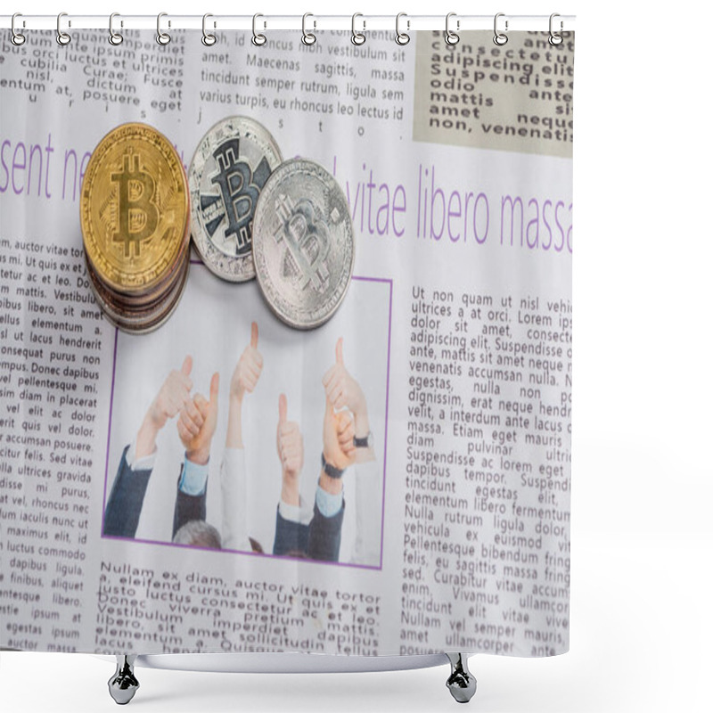 Personality  KYIV, UKRAINE - NOVEMBER 1, 2021:  Top View Of Bitcoins On Printed Newspaper With Lettering, Translation: Free Life But Risky Shower Curtains