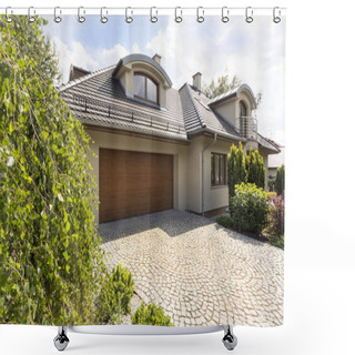 Personality  Detached House Exterior With Cobblestone Driveway Shower Curtains