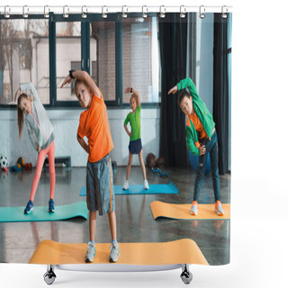 Personality  Selective Focus Of Multicultural Children Warming Up Together On Fitness Mats In Gym Shower Curtains