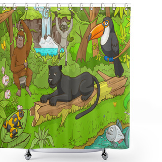 Personality  Jungle Forest With Animals Cartoon Vector Shower Curtains