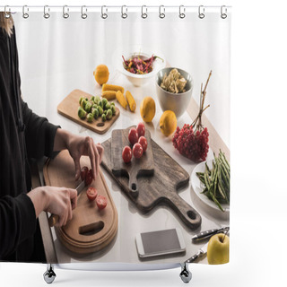 Personality  Cropped View Of Photographer Making Food Composition For Commercial Photo Shoot Shower Curtains