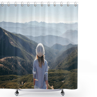 Personality  Rear View Of Female Traveler Looking At Scenic Mountains On Sunny Day, Carpathians, Ukraine Shower Curtains