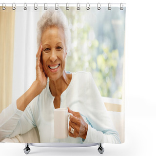 Personality  Senior Woman Relaxing With Cup Of Coffee Shower Curtains