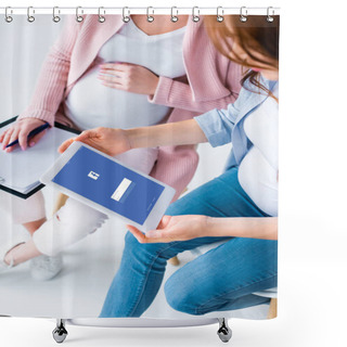 Personality  Cropped View Of Pregnant Women Looking At Digital Tablet With Facebook App On Screen During Antenatal Class Shower Curtains