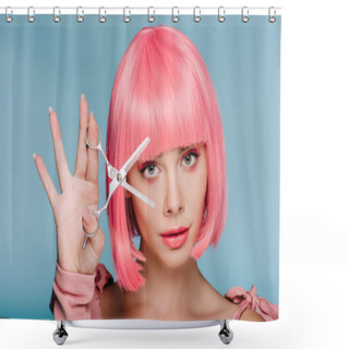 Personality  Attractive Fashionable Girl In Pink Wig Posing With Scissors Isolated On Blue Shower Curtains