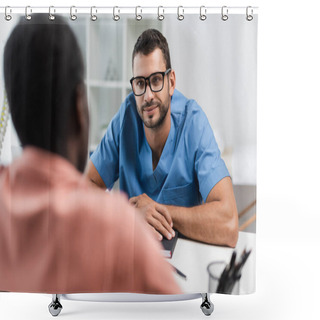 Personality  Smiling Rehabilitologist In Eyeglasses Listening To Blurred African American Patient  Shower Curtains