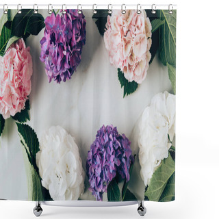 Personality  Top View Of Frame Made Of Hortensia Flowers On Marble Surface  Shower Curtains