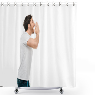 Personality  Side View Of Man In White T-shirt Screaming And Looking Away Isolated On White Shower Curtains