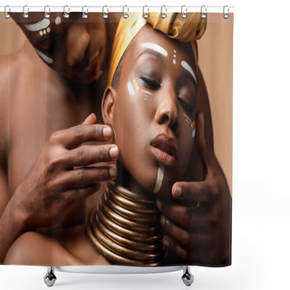 Personality  Close Up View Of Naked Tribal Afro Couple Posing Isolated On Beige Shower Curtains