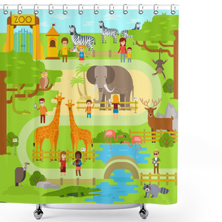 Personality  Zoo Vector Flat Illustration. Animals Vector Flat Design. Zoo Infographic With Elephant. People Walk In The Park, Zoo. Zoo Map, Banner Shower Curtains