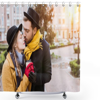 Personality  Beautiful Kissing Couple In Autumn Outfit With Coffee Cup Shower Curtains