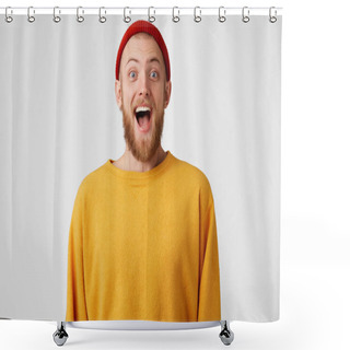Personality  Happy Guy Is Ready To Jump From Happiness. Bearded Man With Blue Eyes Overwhelmed With Positive Emotions, Pleasantly Surprised, Reached Results, Won Or Gained Success Shower Curtains