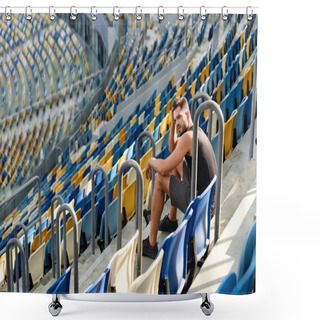 Personality  Young Sportsman Sitting On Stairs Near Seats At Stadium Shower Curtains