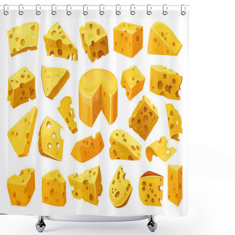 Personality  Cheese or curd pieces, vector icons set. Homemade or farm diary product, milky or creamy food. Cheddar, gouda or maasdam slices. Emmental, holland or edam cheese, delicatessen or snack. shower curtains