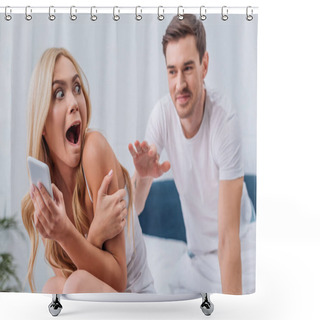 Personality  Husband Reaching To Scared Young Wife Using Smartphone On Bed, Mistrust Concept Shower Curtains