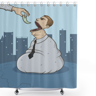 Personality  Sackman Devouring Money. Corrupt Official Caricature. Huge Bag-shaped Figure On Urban Background. Line Vector Illustration. Vertical. Shower Curtains