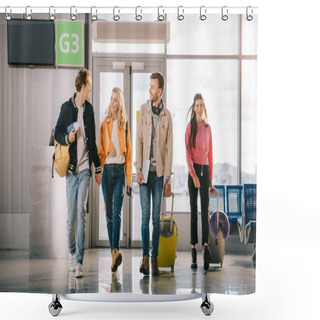Personality  Smiling Young Friends With Backpacks And Suitcases In Airport Terminal Shower Curtains