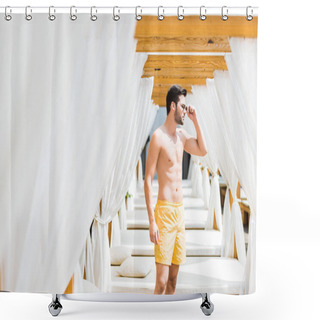 Personality  Handsome Shirtless Man In Sunglasses Standing Near Sun Loungers And Looking Away Shower Curtains