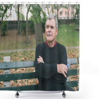 Personality  Senior Seated On Bench Shower Curtains