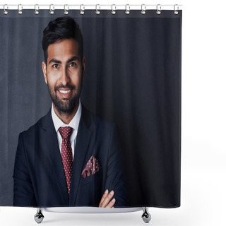Personality  Succeeding In Business With Confidence And Conviction. Studio Shot Of A Confident Young Businessman Posing Against A Gray Background Shower Curtains
