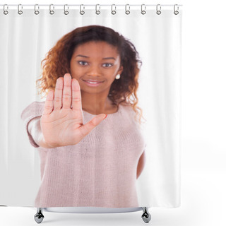 Personality  African American Making Stop Sign With Her Hand Palm Isolated On Shower Curtains