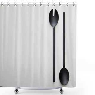 Personality  Top View Of Black Ladle And Spoon On Marble Background Shower Curtains