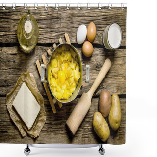 Personality  Ingredients For Mashed Potatoes - Eggs, Milk, Butter And Potatoes On Wooden Background. Shower Curtains