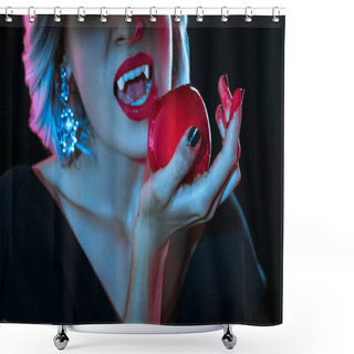Personality  Cropped View Of Vampire Bitting Red Bloody Apple Isolated On Black Shower Curtains