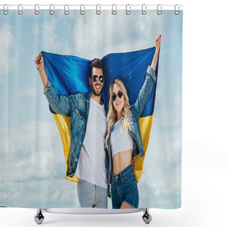 Personality  Attractive Woman And Handsome Man Smiling And Holding Ukrainian Flag  Shower Curtains