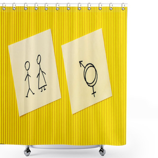 Personality  Top View Of Cards With Male And Female Icons And Gender Symbols On Yellow Textured Background Shower Curtains