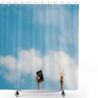 Personality  Cropped View Of Man Holding Holy Bible And Cross Against Blue Sky With Clouds Shower Curtains