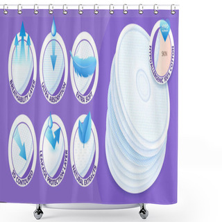 Personality  Hypoallergenic Layered Disposable Breast Pads While Offering Excellent Breathability, Protection And Comfort. Concept With Icons. Vector Eps10. Shower Curtains