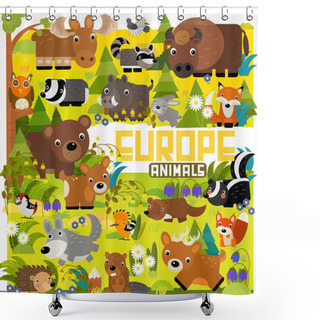 Personality  Cartoon Scene With Different European Animals In The Forest Illustration For Children Shower Curtains
