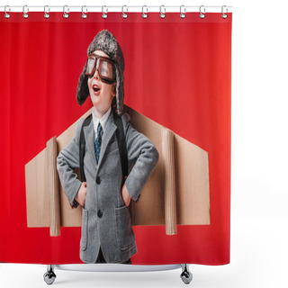 Personality  Excited Boy In Suit With Paper Plane Wings And Goggles Isolated On Red Shower Curtains